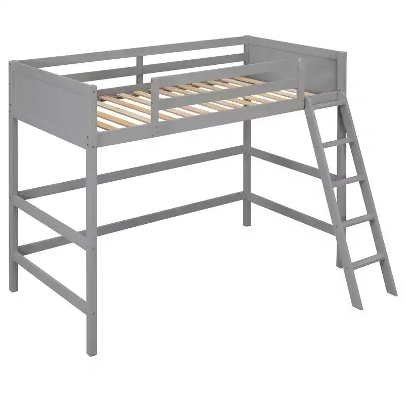 Lit mezzanine jumeau avec échelle et barrières de sécurité – Espresso / Gris / Blanc, 1 place, Bois massif