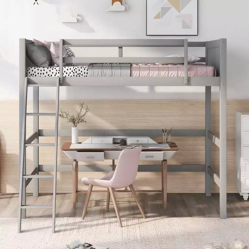 Lit mezzanine jumeau avec échelle et barrières de sécurité – Espresso / Gris / Blanc, 1 place, Bois massif