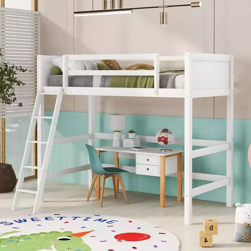 Lit mezzanine jumeau avec échelle et barrières de sécurité – Espresso / Gris / Blanc, 1 place, Bois massif