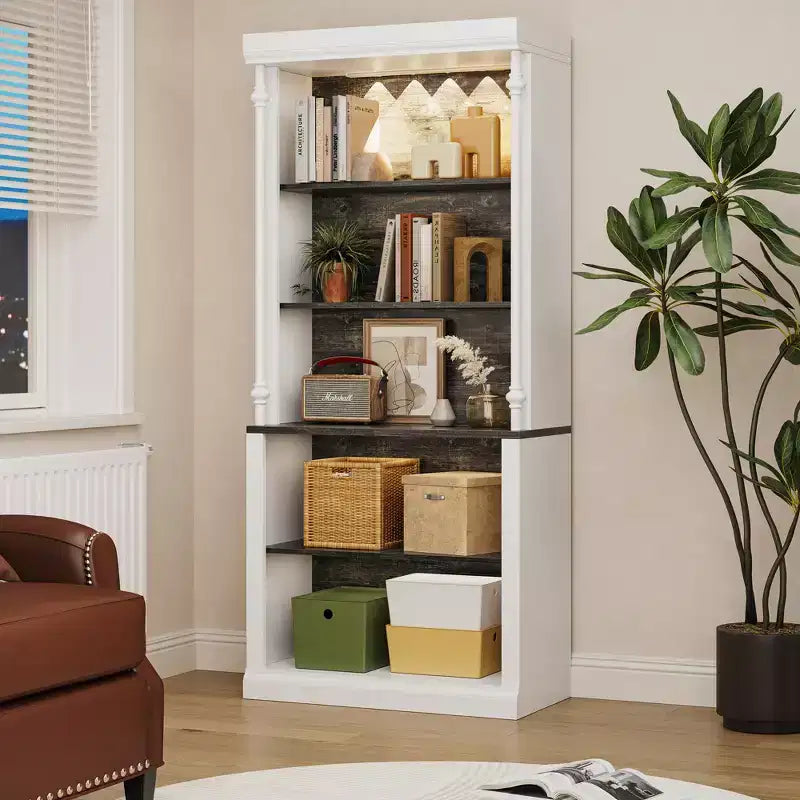 Étagère à livres 5 niveaux blanche et gris foncé avec éclairage LED, style colonne romaine, 180 cm de hauteur – Assemblage par 1 personne