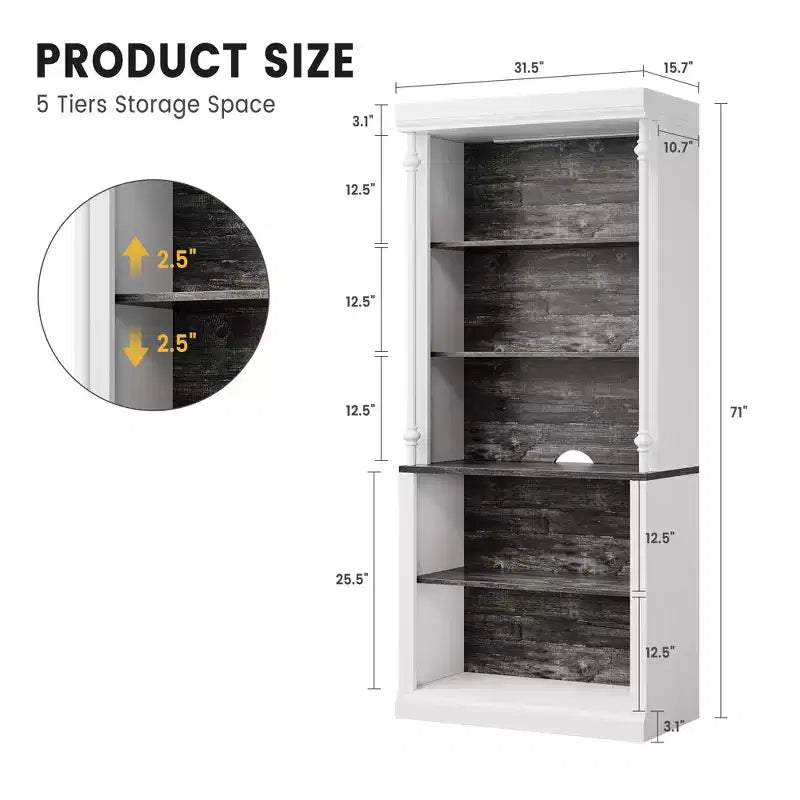 Étagère à livres 5 niveaux blanche et gris foncé avec éclairage LED, style colonne romaine, 180 cm de hauteur – Assemblage par 1 personne