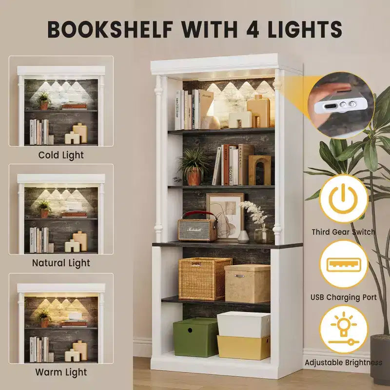 Étagère à livres 5 niveaux blanche et gris foncé avec éclairage LED, style colonne romaine, 180 cm de hauteur – Assemblage par 1 personne