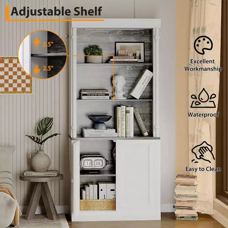 Étagère à livres 5 niveaux blanche et gris foncé avec éclairage LED, style colonne romaine, 180 cm de hauteur – Assemblage par 1 personne