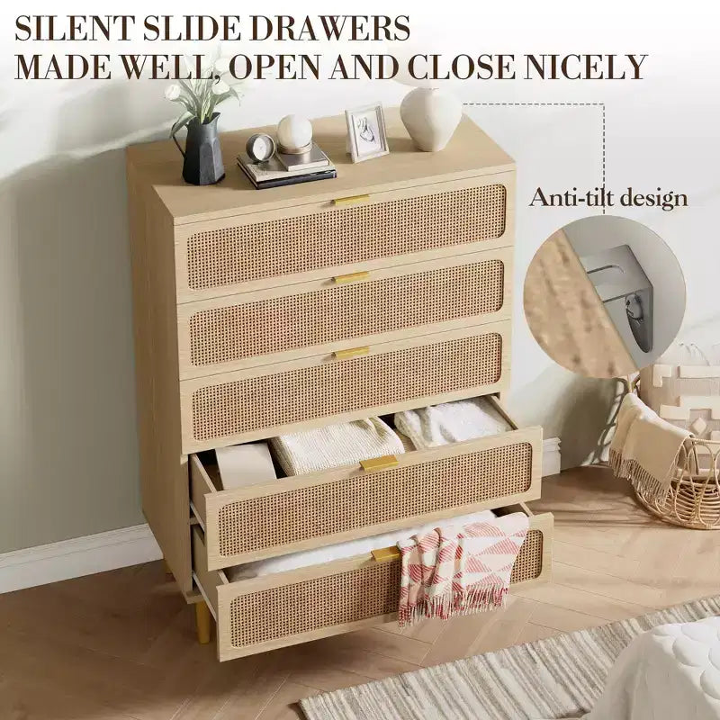 Commode en rotin 5 tiroirs, Noir / Naturel / Blanc, Individuel