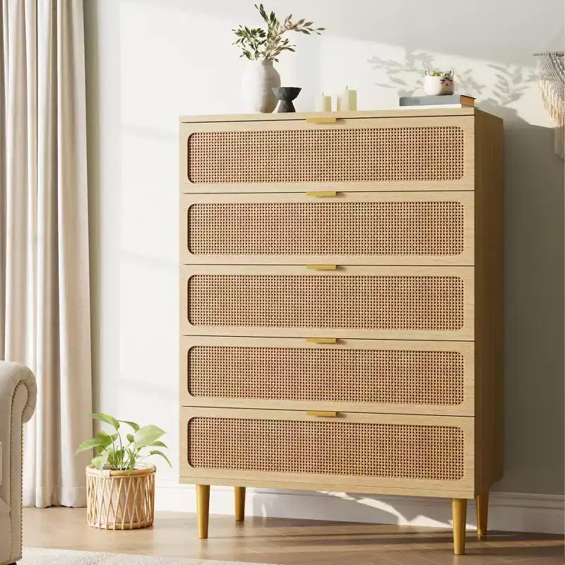Commode en rotin 5 tiroirs, Noir / Naturel / Blanc, Individuel