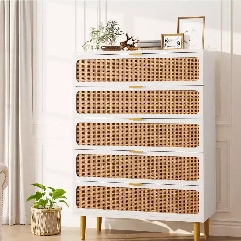 Commode en rotin 5 tiroirs, Noir / Naturel / Blanc, Individuel