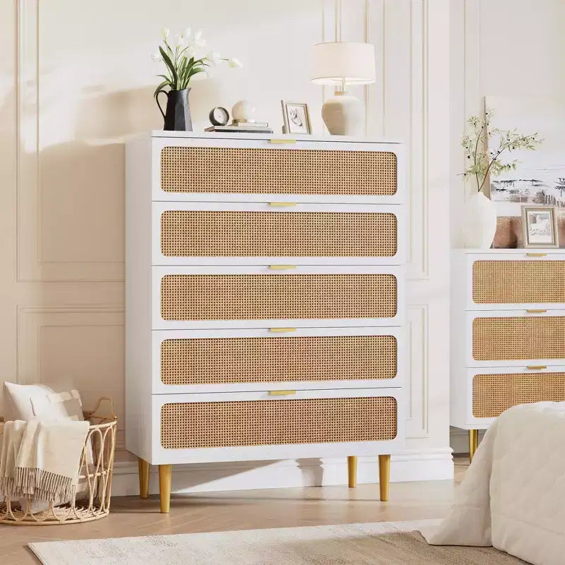 Commode en rotin 5 tiroirs, Noir / Naturel / Blanc, Individuel