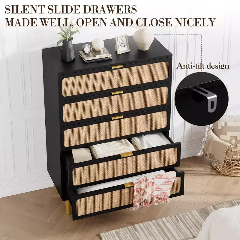 Commode en rotin 5 tiroirs, Noir / Naturel / Blanc, Individuel