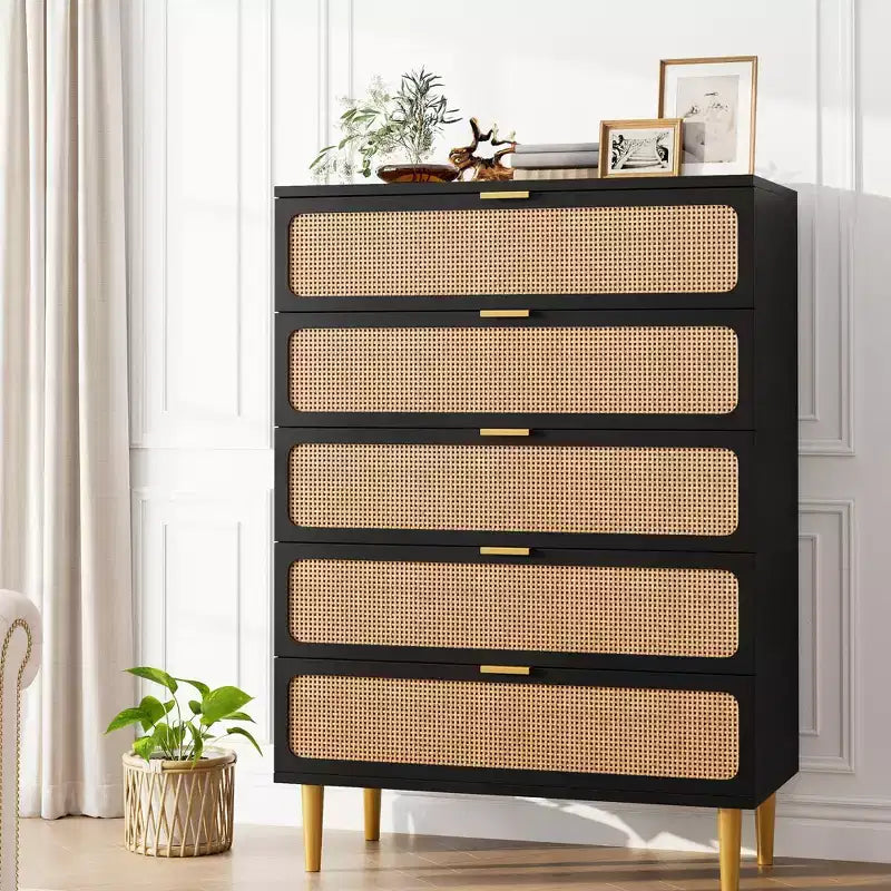 Commode en rotin 5 tiroirs, Noir / Naturel / Blanc, Individuel