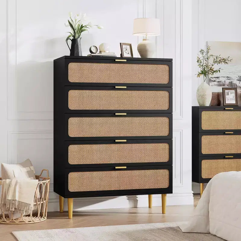 Commode en rotin 5 tiroirs, Noir / Naturel / Blanc, Individuel