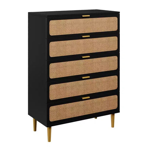 Rattan 5 Drawer Dresser for Bedroom, Chest of Drawers with Deep Drawers, Large Double Dresser for Closet with Wide Top, Tall Wooden Dresser