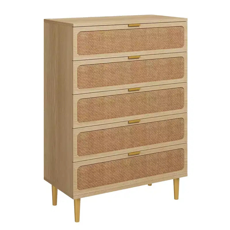 Commode en rotin 5 tiroirs, Noir / Naturel / Blanc, Individuel