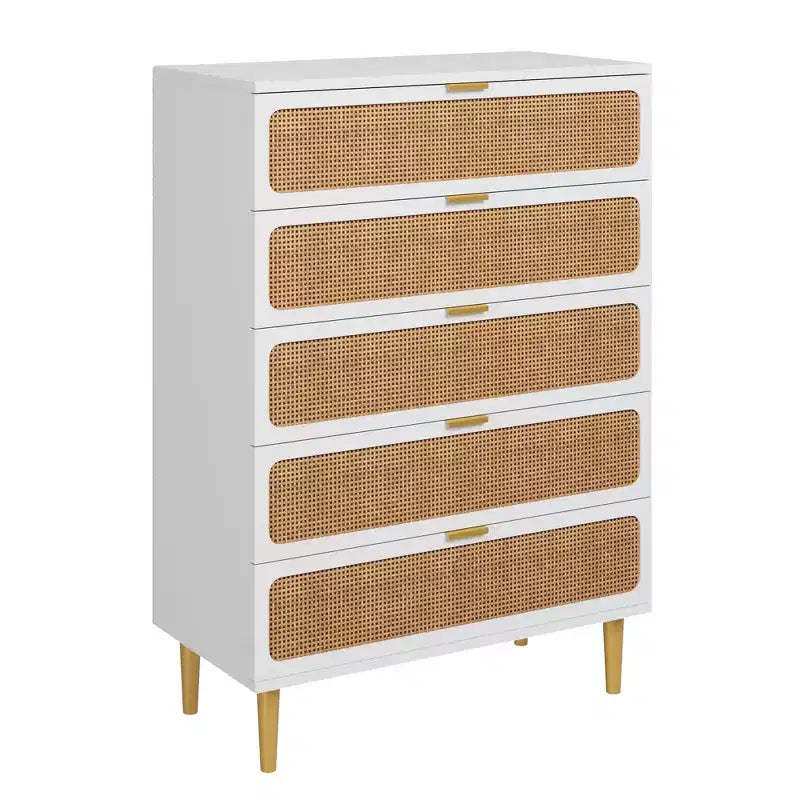 Commode en rotin 5 tiroirs, Noir / Naturel / Blanc, Individuel