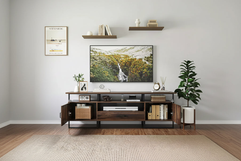 Meuble TV de style scandinave marron rustique avec rangement et tiroir, compatible avec les TV jusqu'à 75 pouces