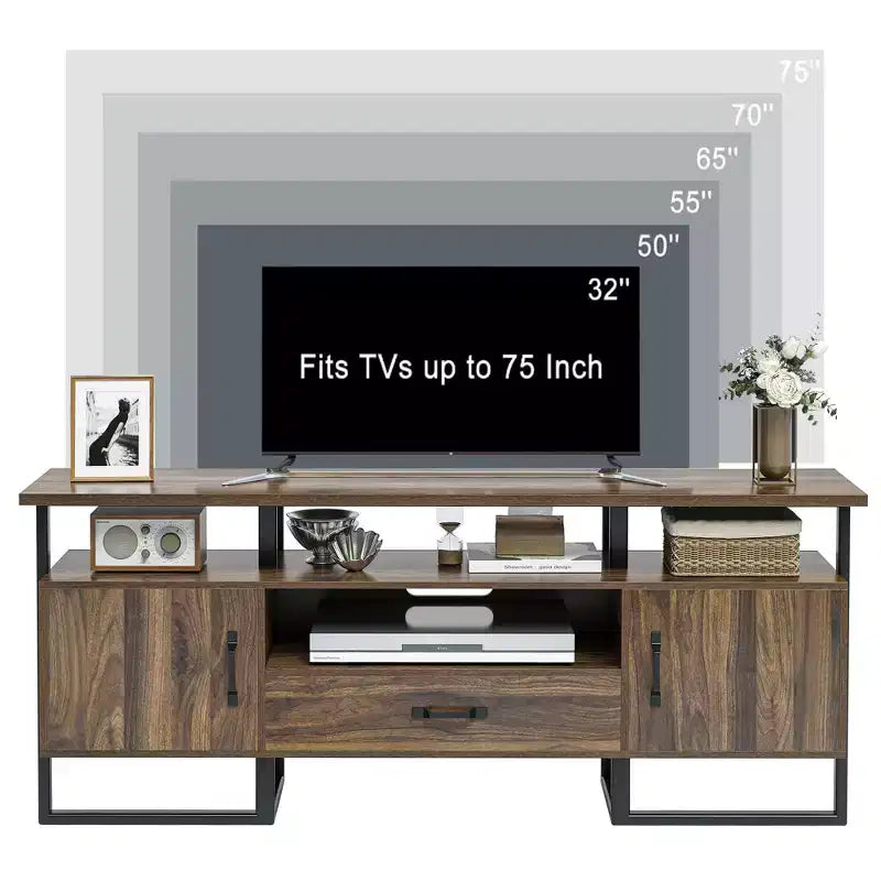 Meuble TV de style scandinave marron rustique avec rangement et tiroir, compatible avec les TV jusqu'à 75 pouces