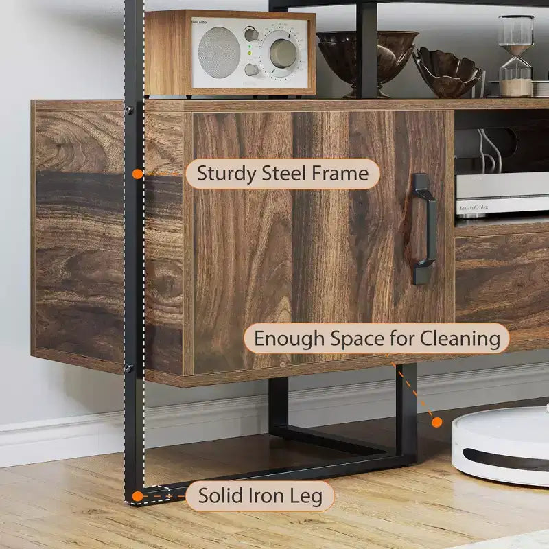 Meuble TV de style scandinave marron rustique avec rangement et tiroir, compatible avec les TV jusqu'à 75 pouces