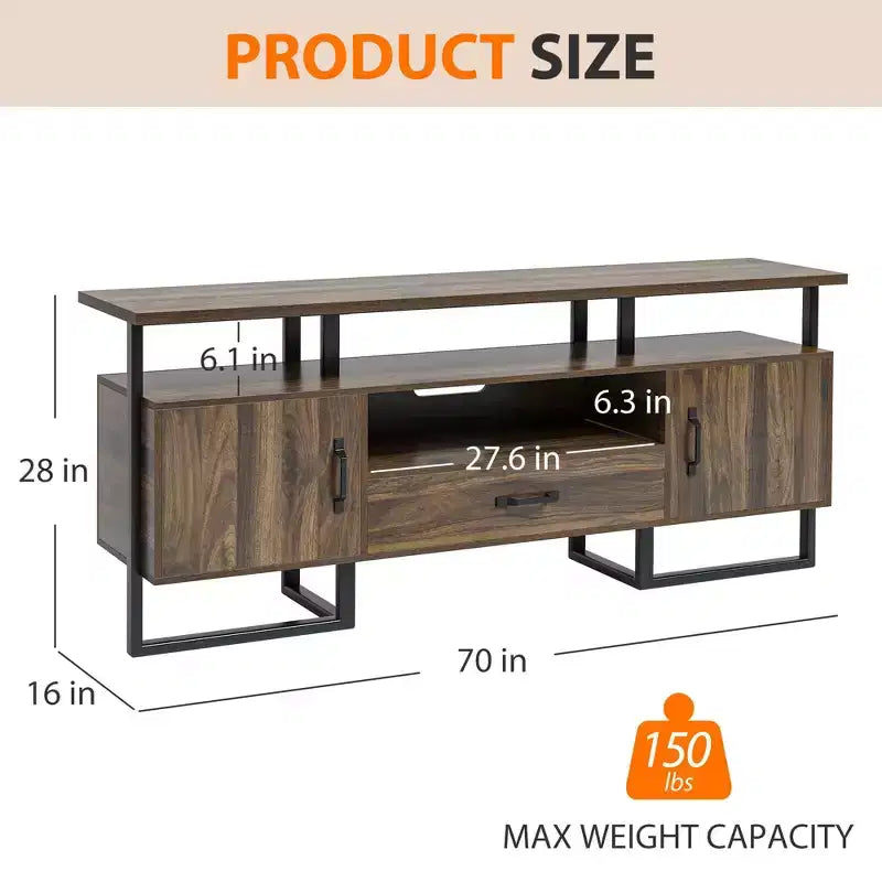 Meuble TV de style scandinave marron rustique avec rangement et tiroir, compatible avec les TV jusqu'à 75 pouces
