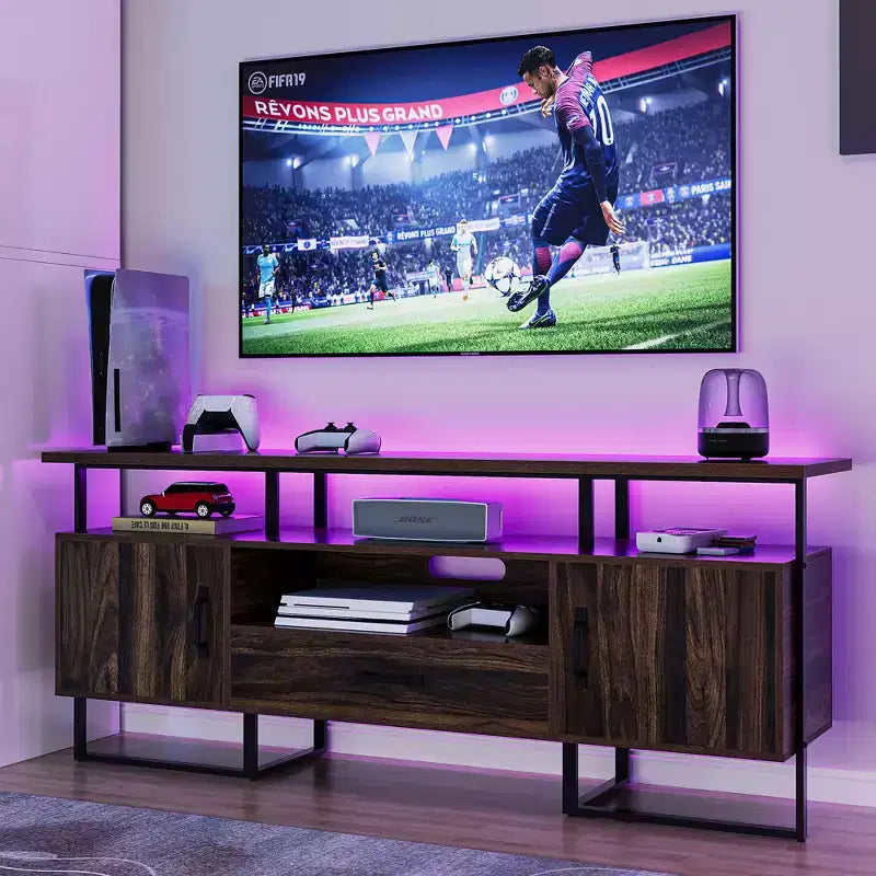 Meuble TV de style scandinave marron rustique avec rangement et tiroir, compatible avec les TV jusqu'à 75 pouces