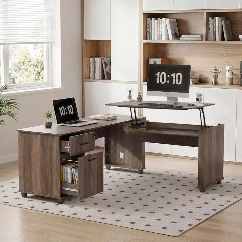 Bureau d'angle relevable noir pour ordinateur avec rangement, 1 personne