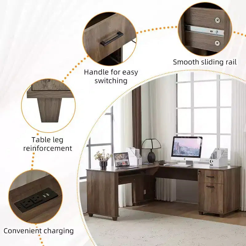 Bureau d'angle relevable noir pour ordinateur avec rangement, 1 personne