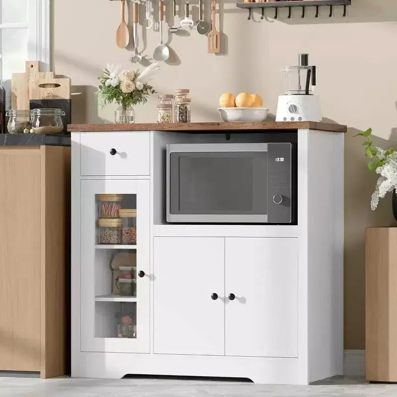 Meuble de Rangement de Cuisine Noir / Noyer+Blanc / Couleur Bois – 1 Tiroir, 2 Portes, Étagères Réglables, Support Micro-ondes