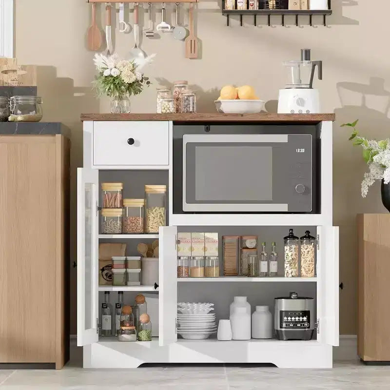Meuble de Rangement de Cuisine Noir / Noyer+Blanc / Couleur Bois – 1 Tiroir, 2 Portes, Étagères Réglables, Support Micro-ondes