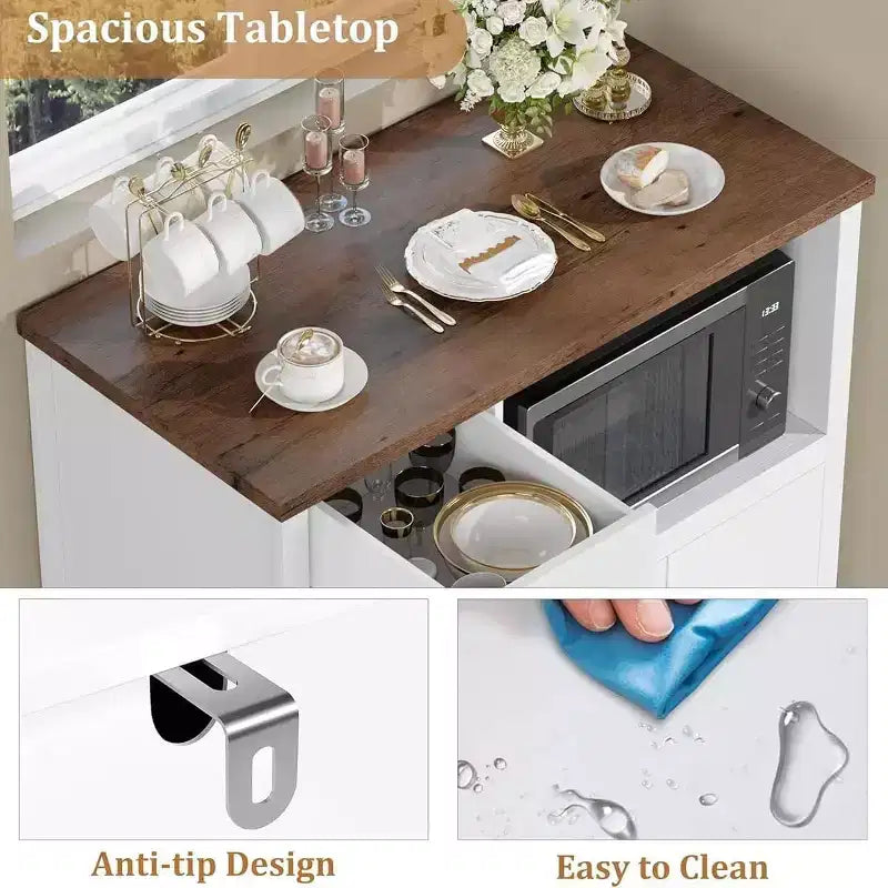 Meuble de Rangement de Cuisine Noir / Noyer+Blanc / Couleur Bois – 1 Tiroir, 2 Portes, Étagères Réglables, Support Micro-ondes