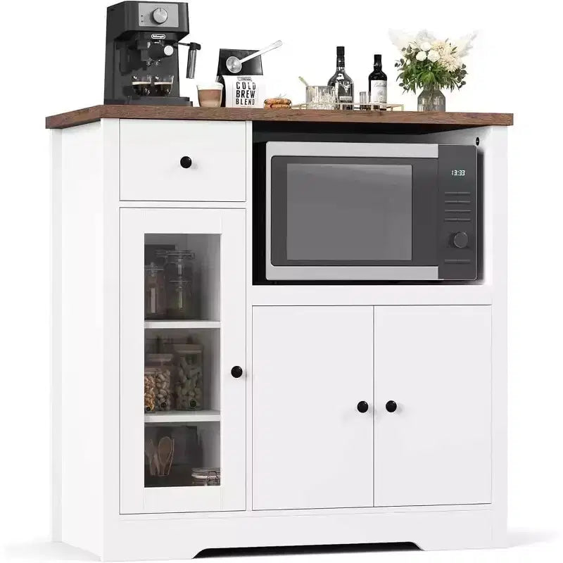 Meuble de Rangement de Cuisine Noir / Noyer+Blanc / Couleur Bois – 1 Tiroir, 2 Portes, Étagères Réglables, Support Micro-ondes