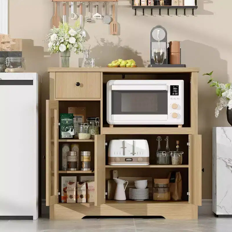 Meuble de Rangement de Cuisine Noir / Noyer+Blanc / Couleur Bois – 1 Tiroir, 2 Portes, Étagères Réglables, Support Micro-ondes