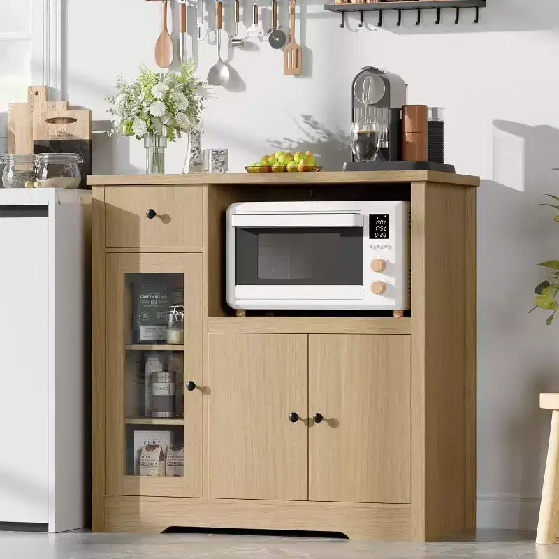 Meuble de Rangement de Cuisine Noir / Noyer+Blanc / Couleur Bois – 1 Tiroir, 2 Portes, Étagères Réglables, Support Micro-ondes