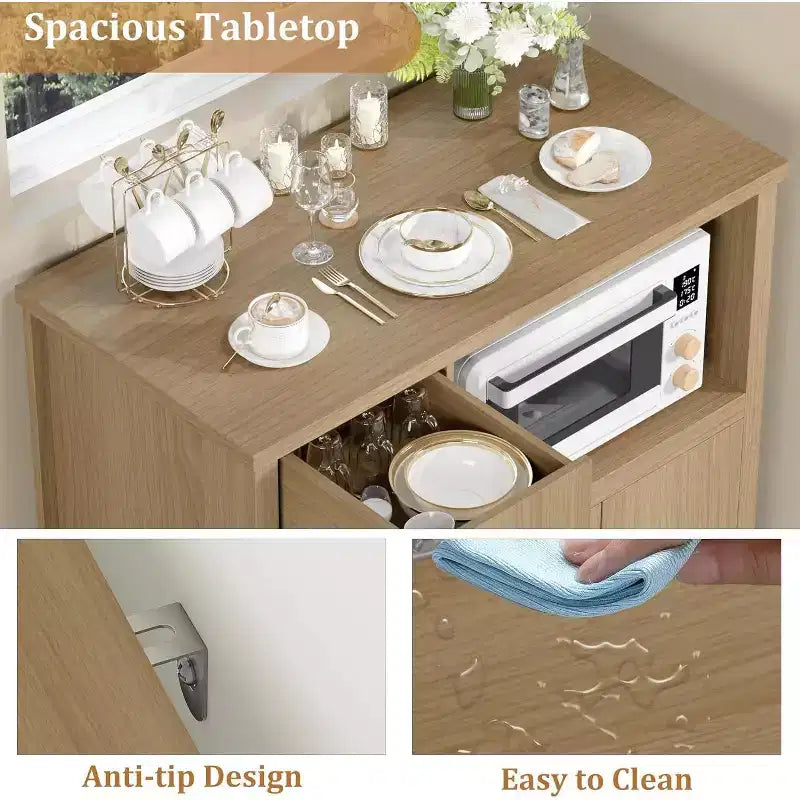 Meuble de Rangement de Cuisine Noir / Noyer+Blanc / Couleur Bois – 1 Tiroir, 2 Portes, Étagères Réglables, Support Micro-ondes