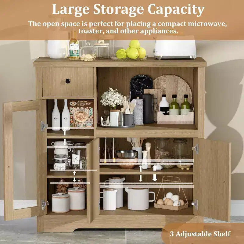 Meuble de Rangement de Cuisine Noir / Noyer+Blanc / Couleur Bois – 1 Tiroir, 2 Portes, Étagères Réglables, Support Micro-ondes
