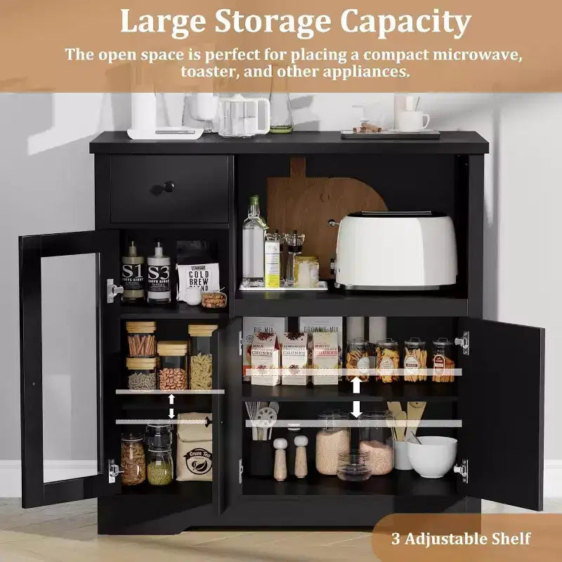 Meuble de Rangement de Cuisine Noir / Noyer+Blanc / Couleur Bois – 1 Tiroir, 2 Portes, Étagères Réglables, Support Micro-ondes