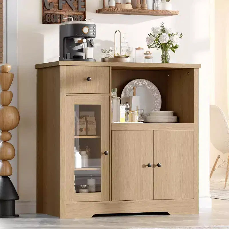 Meuble de Rangement de Cuisine Noir / Noyer+Blanc / Couleur Bois – 1 Tiroir, 2 Portes, Étagères Réglables, Support Micro-ondes