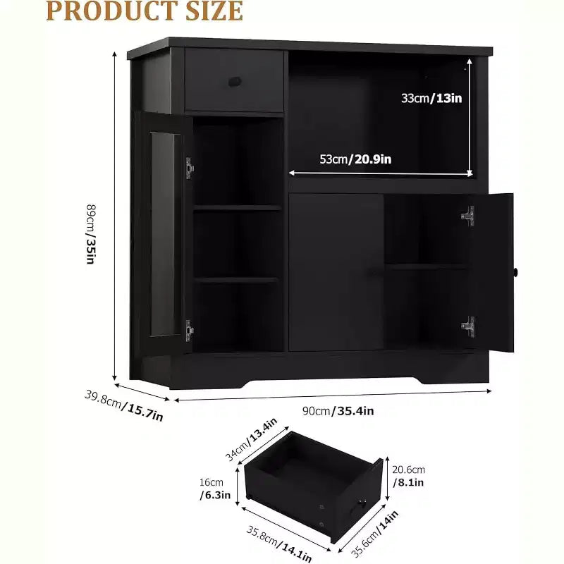 Meuble de Rangement de Cuisine Noir / Noyer+Blanc / Couleur Bois – 1 Tiroir, 2 Portes, Étagères Réglables, Support Micro-ondes