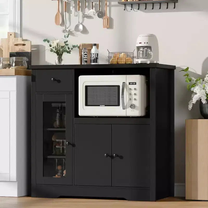 Meuble de Rangement de Cuisine Noir / Noyer+Blanc / Couleur Bois – 1 Tiroir, 2 Portes, Étagères Réglables, Support Micro-ondes