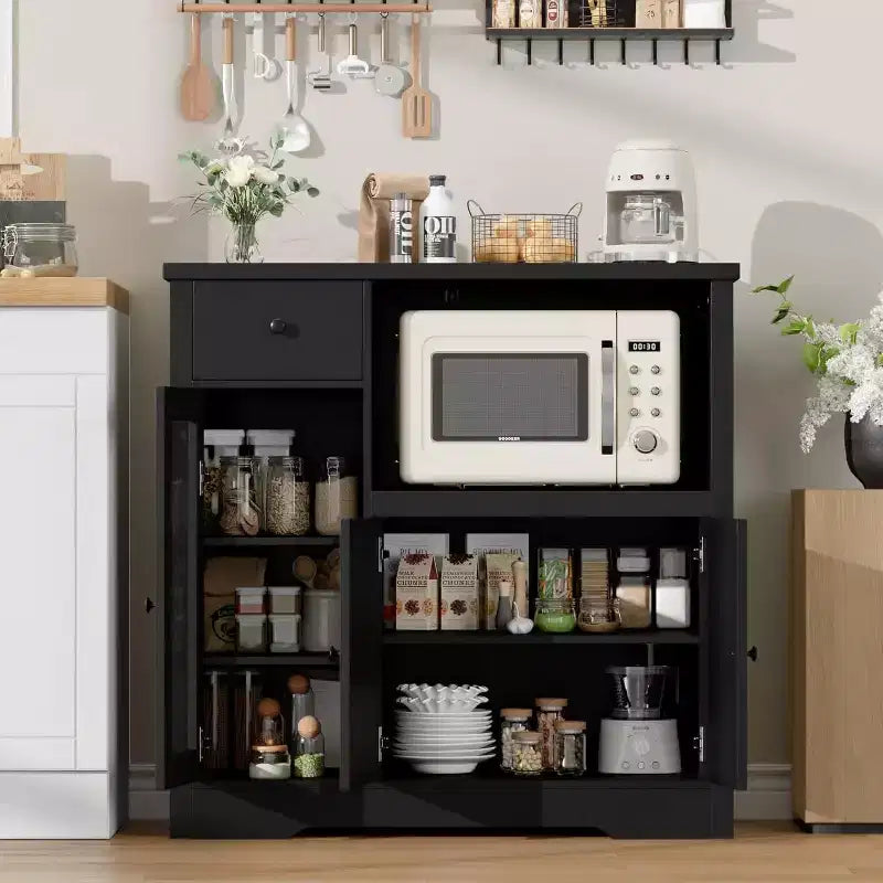 Meuble de Rangement de Cuisine Noir / Noyer+Blanc / Couleur Bois – 1 Tiroir, 2 Portes, Étagères Réglables, Support Micro-ondes