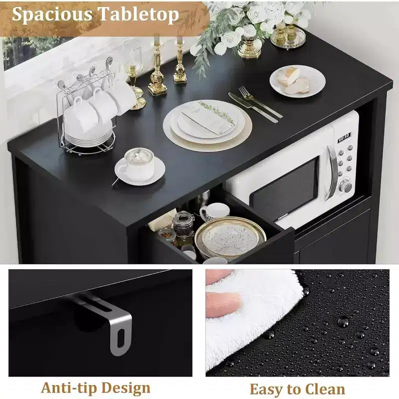 Meuble de Rangement de Cuisine Noir / Noyer+Blanc / Couleur Bois – 1 Tiroir, 2 Portes, Étagères Réglables, Support Micro-ondes