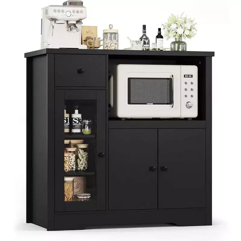 Meuble de Rangement de Cuisine Noir / Noyer+Blanc / Couleur Bois – 1 Tiroir, 2 Portes, Étagères Réglables, Support Micro-ondes
