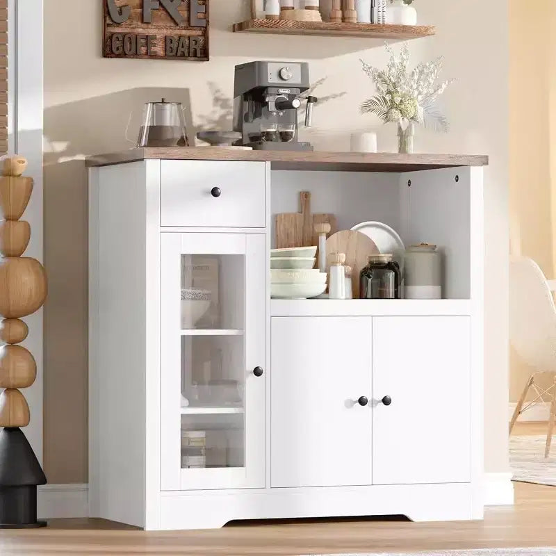 Meuble de Rangement de Cuisine Noir / Noyer+Blanc / Couleur Bois – 1 Tiroir, 2 Portes, Étagères Réglables, Support Micro-ondes