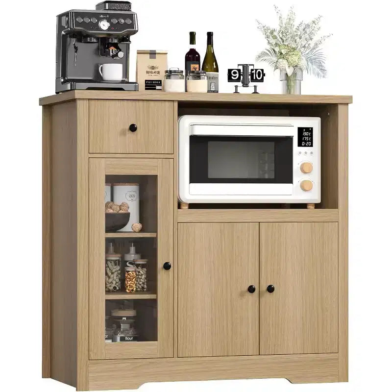 Meuble de Rangement de Cuisine Noir / Noyer+Blanc / Couleur Bois – 1 Tiroir, 2 Portes, Étagères Réglables, Support Micro-ondes