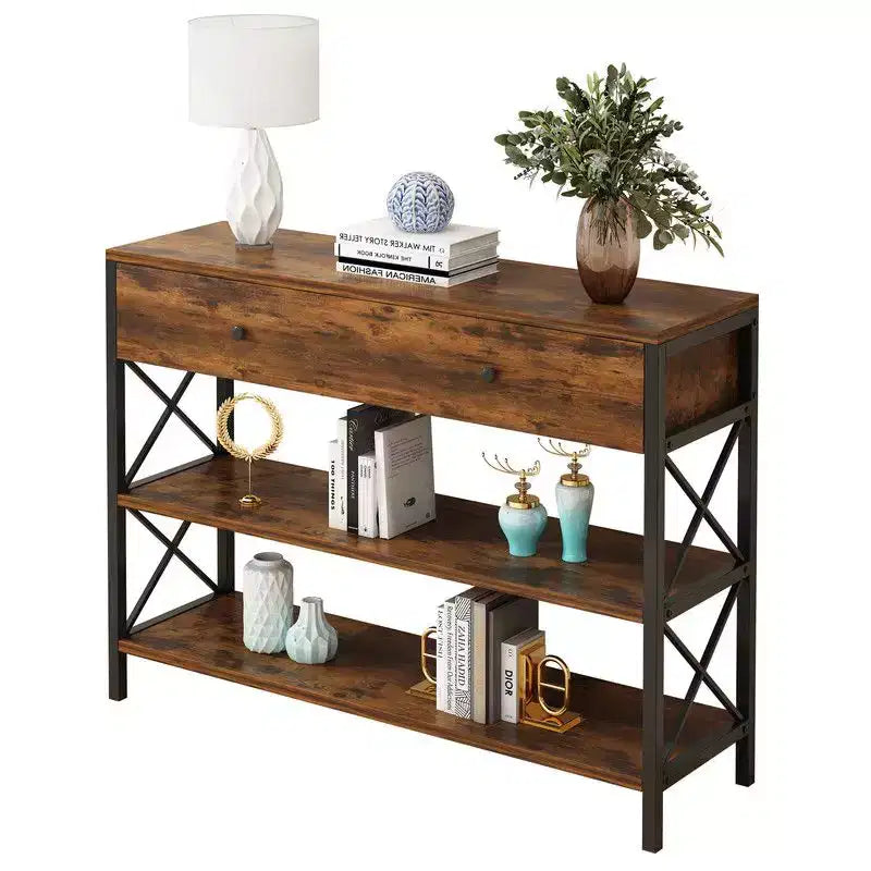 Console vintage marron et noire avec tiroir – Cadre en fer, 100 cm