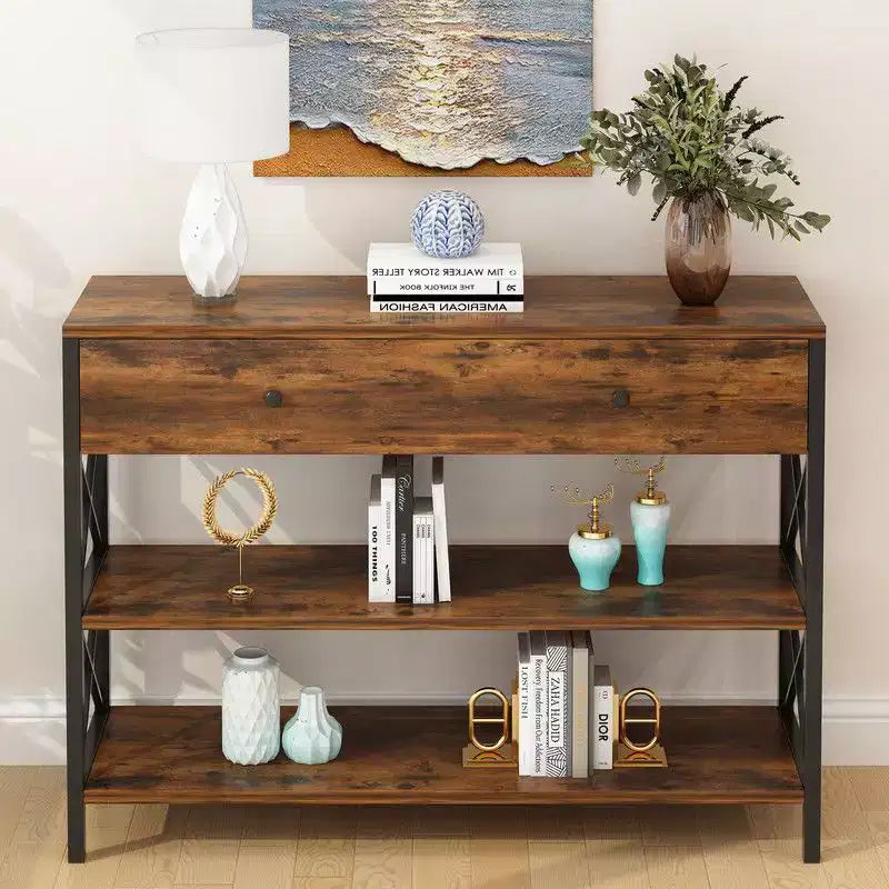 Console vintage marron et noire avec tiroir – Cadre en fer, 100 cm