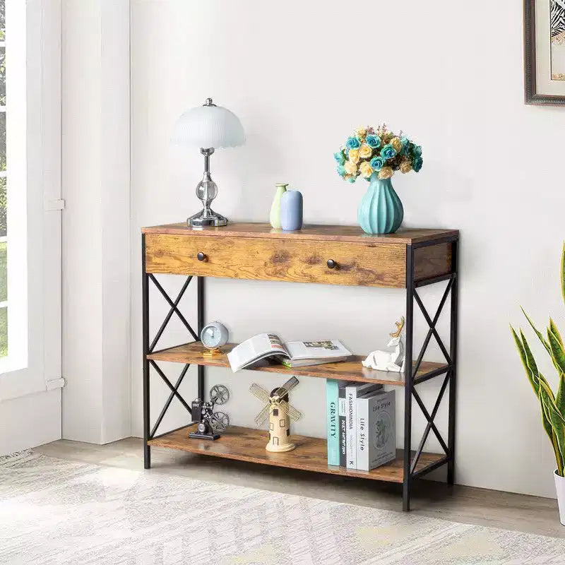 Console vintage marron et noire avec tiroir – Cadre en fer, 100 cm