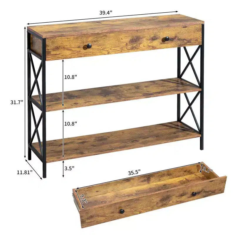 Console vintage marron et noire avec tiroir – Cadre en fer, 100 cm