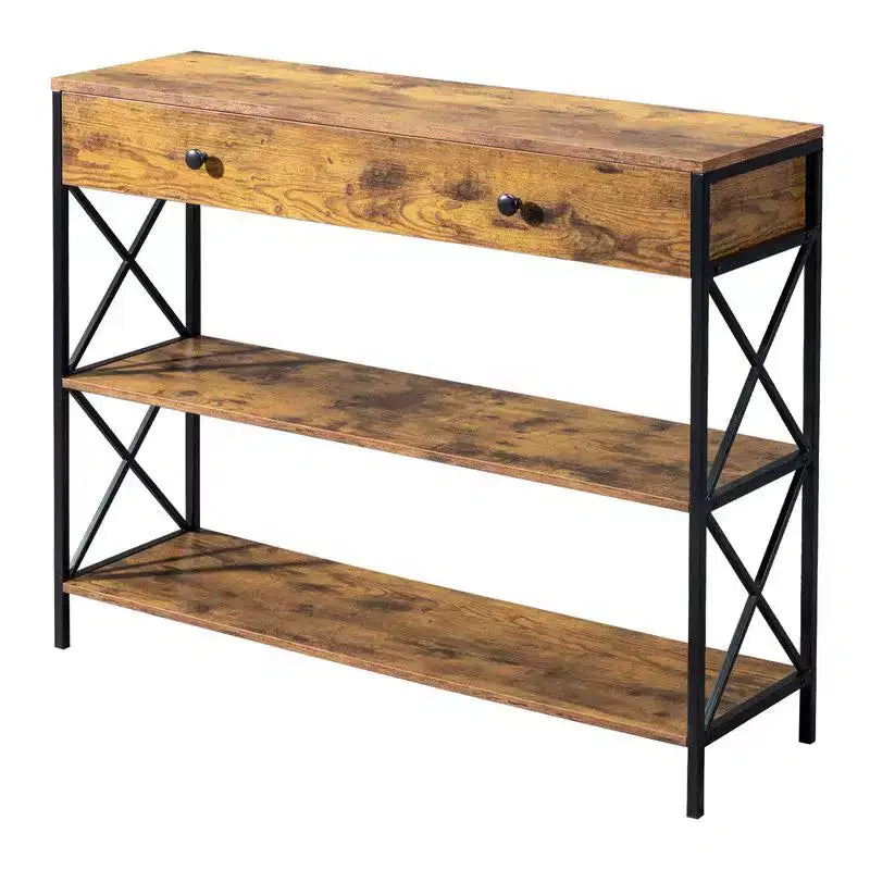 Console vintage marron et noire avec tiroir – Cadre en fer, 100 cm