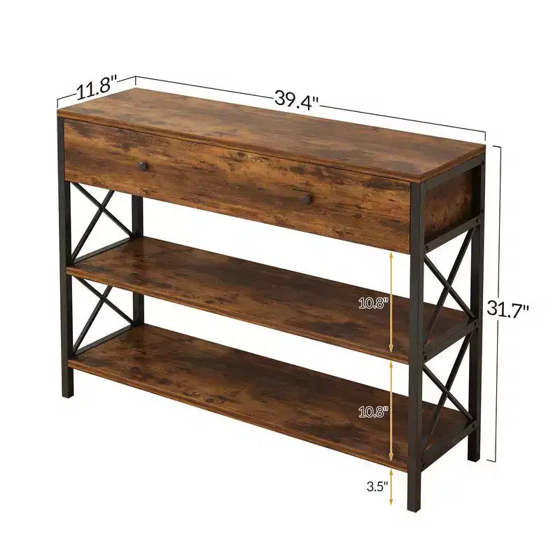 Console vintage marron et noire avec tiroir – Cadre en fer, 100 cm