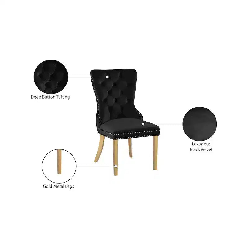Chaise de salle à manger en velours avec piètement doré, lot de 2 – Noir/Crème/Gris