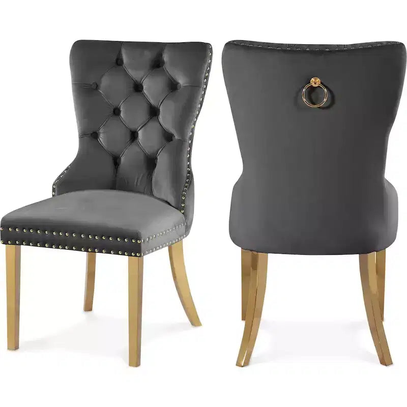 Chaise de salle à manger en velours avec piètement doré, lot de 2 – Noir/Crème/Gris