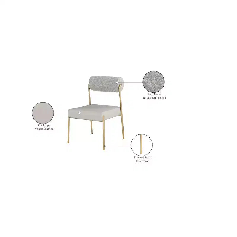 Lot de 2 chaises de salle à manger taupe, assise en cuir vegan et dossier en bouclette